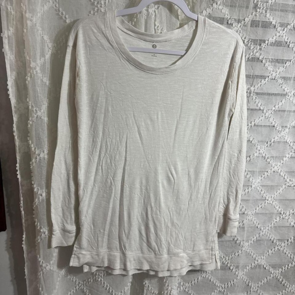 Athletica Slub Knit Long Sleeve Top Off White Oatmeal Crew Neck Size Small